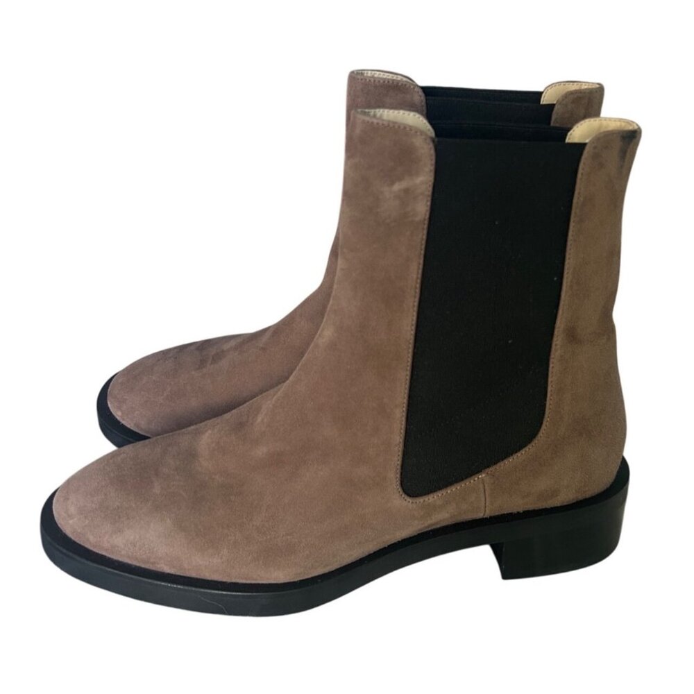 Stuart Weitzman Taupe Suede Chelsea Ankle Boots with Black Elastic Panels